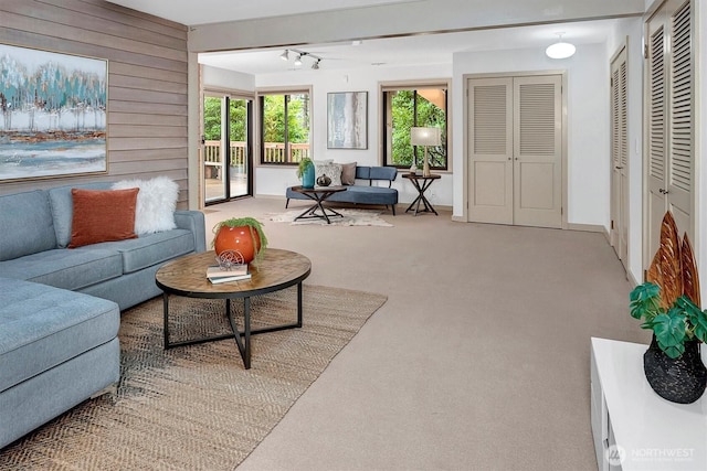 9340 Mercerwood Dr, Mercer Island, WA 98040 - living area with wood walls, light colored carpet, and baseboards