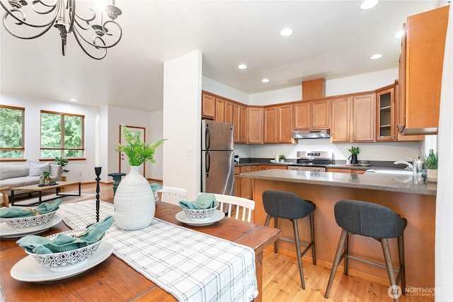 26 Inglewood Pl, Bellingham, WA 98229 - kitchen featuring stainless steel appliances, under cabinet range hood, a peninsula, a sink, and light wood-style flooring