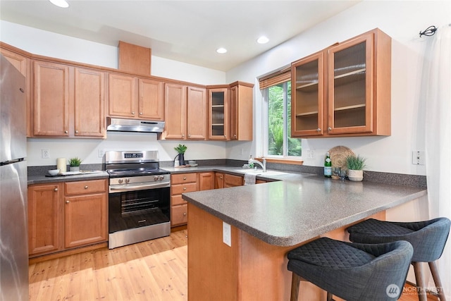 26 Inglewood Pl, Bellingham, WA 98229 - kitchen with stainless steel appliances, under cabinet range hood, a peninsula, a kitchen breakfast bar, and dark countertops