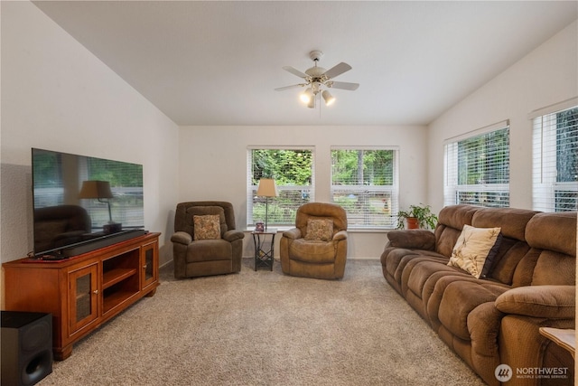 200 N Hamma Hamma Dr W, Hoodsport, WA 98548 - living room with light colored carpet, ceiling fan, and vaulted ceiling