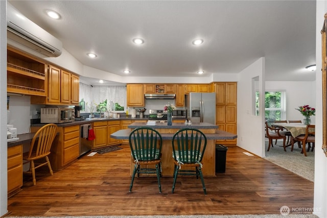 200 N Hamma Hamma Dr W, Hoodsport, WA 98548 - kitchen with appliances with stainless steel finishes, under cabinet range hood, dark countertops, a center island, and recessed lighting
