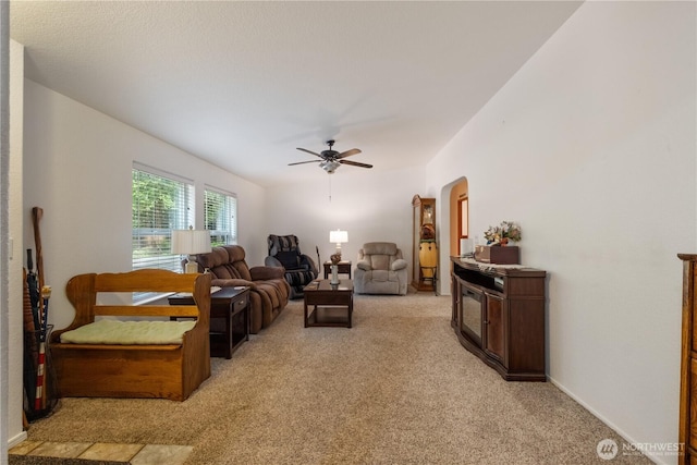 200 N Hamma Hamma Dr W, Hoodsport, WA 98548 - living room with light carpet, ceiling fan, and arched walkways