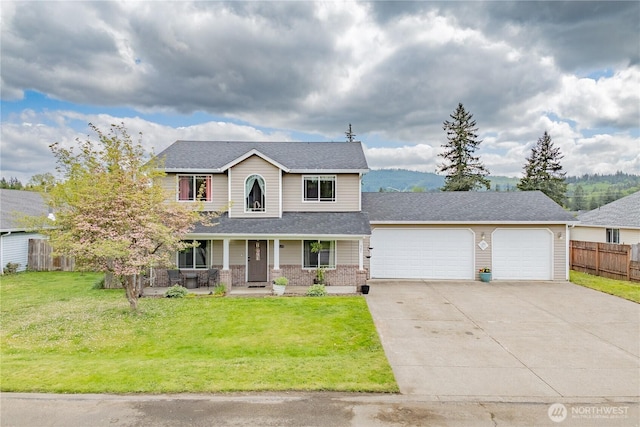 307 E Wilson St, Yacolt, WA 98675 - view of front of house featuring a garage, covered porch, driveway, a shingled roof, and brick siding