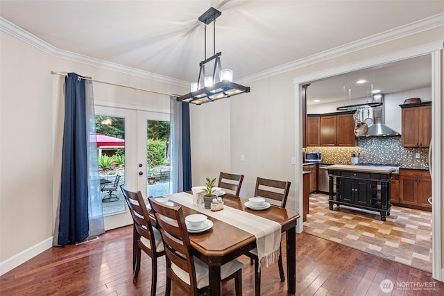 4565 Harper Hill Rd SE, Port Orchard, WA 98366 - dining room with light wood-style flooring, crown molding, french doors, and a chandelier