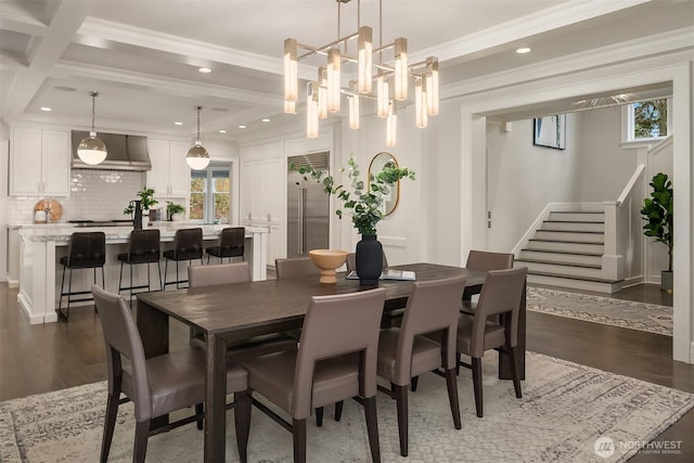 3719 E Highland Dr, Seattle, WA 98112 - dining room featuring stairway, beam ceiling, dark wood-type flooring, recessed lighting, and coffered ceiling