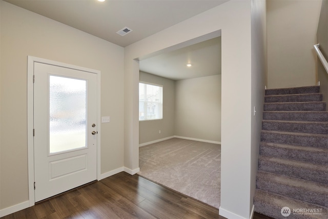8507 13th Ave E, Tacoma, WA 98445 - foyer entrance with dark wood-style flooring, stairs, baseboards, and recessed lighting