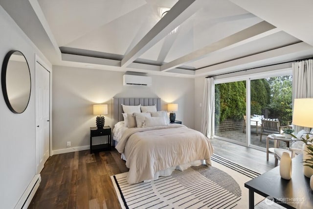10220 NE Lafayette Ave, Bainbridge Island, WA 98110 - bedroom with a baseboard heating unit, a wall mounted air conditioner, access to exterior, wood finished floors, and baseboards