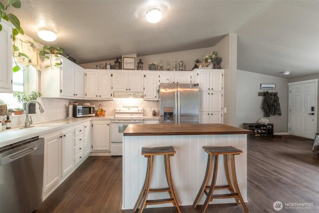 1707 Bonnie Ln, Camano Island, WA 98282 - kitchen featuring appliances with stainless steel finishes, lofted ceiling, wooden counters, a sink, and under cabinet range hood