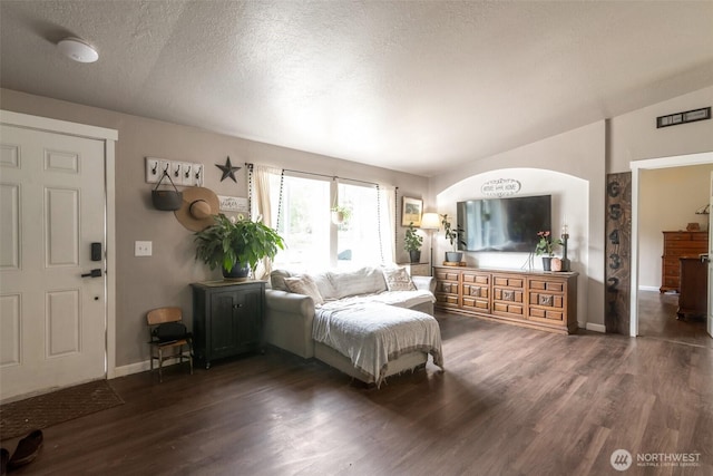 1707 Bonnie Ln, Camano Island, WA 98282 - living room featuring dark wood-type flooring, a textured ceiling, and baseboards