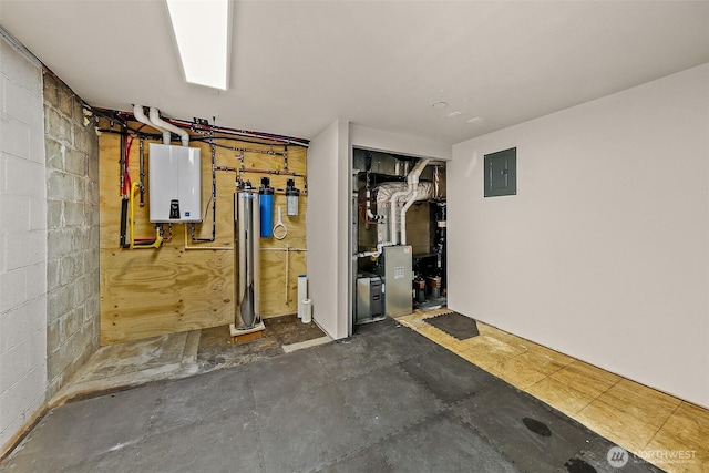 18527 Butternut Rd, Lynnwood, WA 98037 - basement featuring electric panel, concrete block wall, tankless water heater, and heating unit