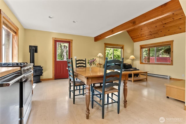 18 Deer Run Loop Rd, Winthrop, WA 98862 - dining area featuring a wood stove, plenty of natural light, a baseboard radiator, light wood-style flooring, and recessed lighting