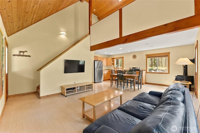 18 Deer Run Loop Rd, Winthrop, WA 98862 - living room featuring baseboards, recessed lighting, light wood-type flooring, high vaulted ceiling, and wooden ceiling