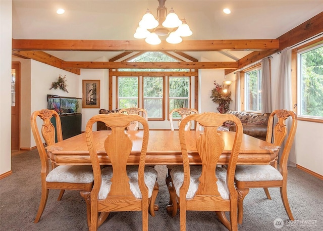 5707 316th St NW, Stanwood, WA 98292 - dining space featuring a chandelier, beam ceiling, baseboards, light colored carpet, and recessed lighting