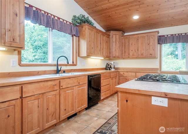 5707 316th St NW, Stanwood, WA 98292 - kitchen with a sink, black dishwasher, vaulted ceiling, wood ceiling, and stainless steel gas cooktop