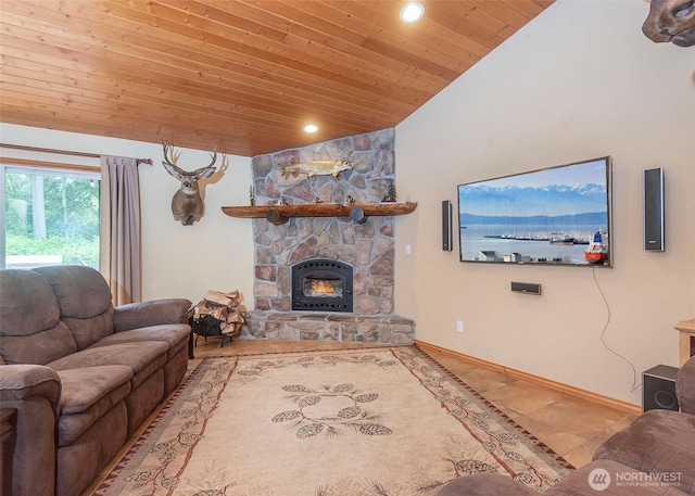 5707 316th St NW, Stanwood, WA 98292 - living area featuring wood ceiling, a fireplace, recessed lighting, baseboards, and high vaulted ceiling