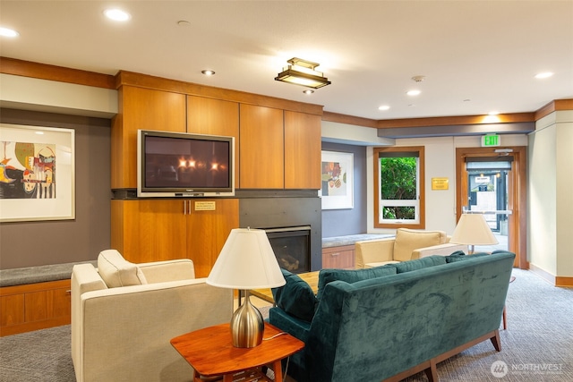 5450 Leary Ave NW Unit 442, Seattle, WA 98107 - living area with light carpet, a glass covered fireplace, and recessed lighting