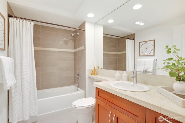5450 Leary Ave NW Unit 442, Seattle, WA 98107 - bathroom with vanity, shower / tub combo, tile patterned flooring, and recessed lighting