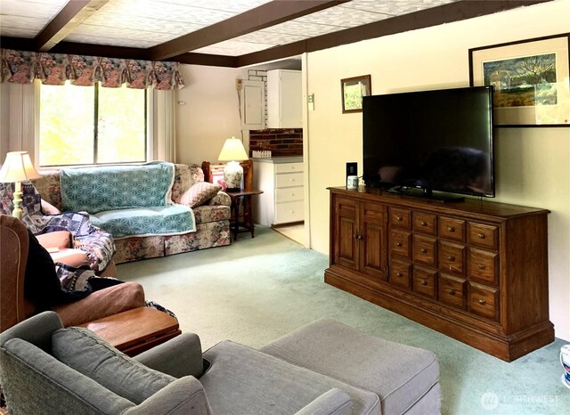 419 Draconis Ave SE, Ocean Shores, WA 98569 - carpeted living room with beamed ceiling