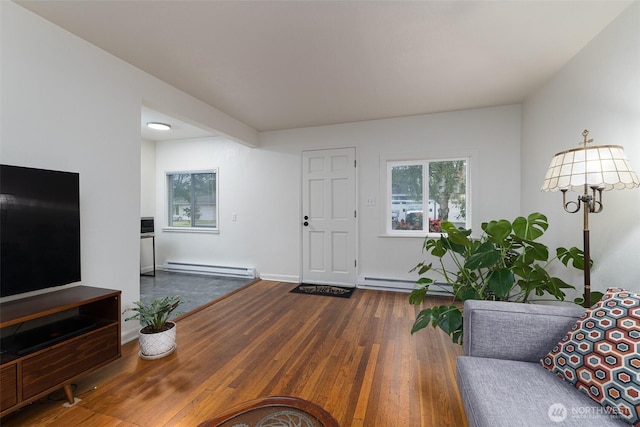 1601 E Maryland St, Bellingham, WA 98226 - living room featuring a baseboard heating unit, wood finished floors, and baseboards