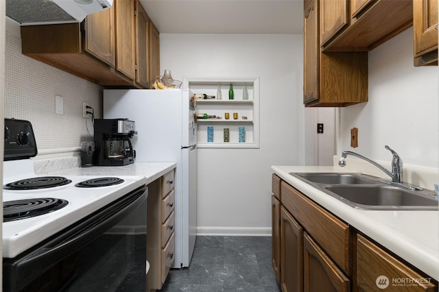 1601 E Maryland St, Bellingham, WA 98226 - kitchen featuring electric range, a sink, extractor fan, light countertops, and brown cabinets