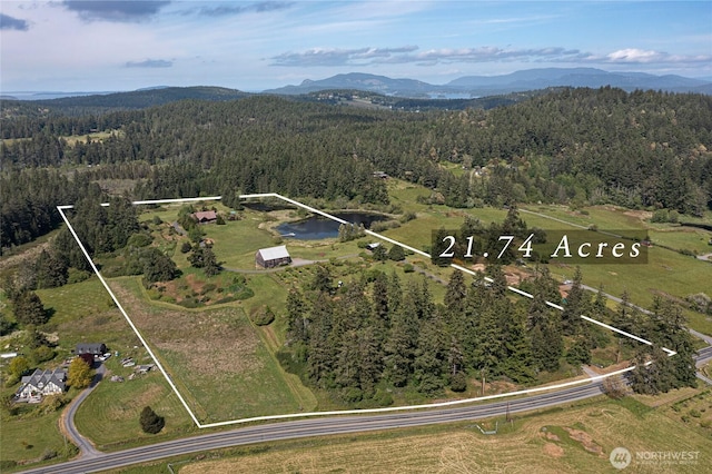 3528 Beaverton Valley Rd, Friday Harbor, WA 98250 - aerial view of property's location featuring a heavily wooded area, property boundaries highlighted, and a mountainous background
