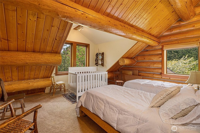 3528 Beaverton Valley Rd, Friday Harbor, WA 98250 - bedroom with carpet floors, rustic walls, and wood ceiling