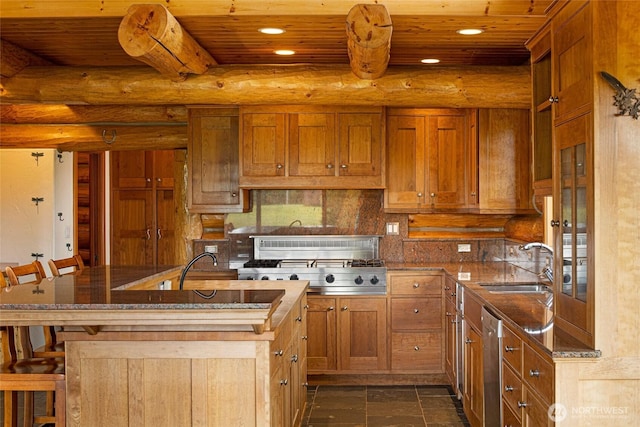 3528 Beaverton Valley Rd, Friday Harbor, WA 98250 - kitchen featuring wooden ceiling with exposed beams, a sink, recessed lighting, stainless steel dishwasher, and a center island with sink