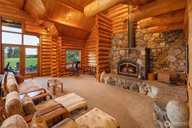 3528 Beaverton Valley Rd, Friday Harbor, WA 98250 - carpeted living room with high vaulted ceiling, wood ceiling with exposed beams, and rustic walls