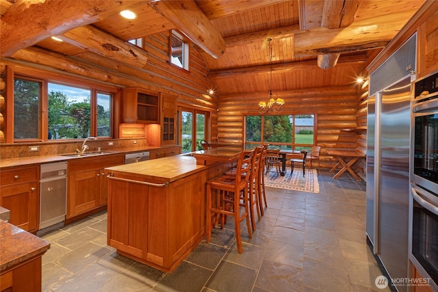 3528 Beaverton Valley Rd, Friday Harbor, WA 98250 - kitchen featuring butcher block counters, wood ceiling, a sink, stainless steel appliances, and log walls