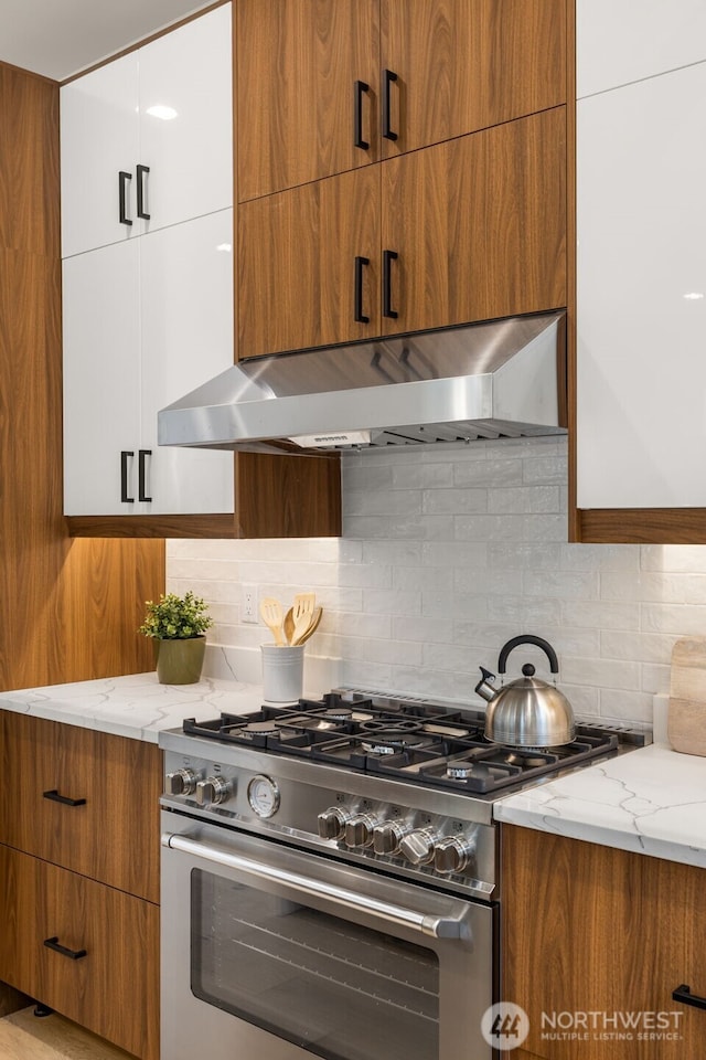 2727 50th Ave SW, Seattle, WA 98116 - kitchen featuring high end stove, modern cabinets, light stone counters, under cabinet range hood, and decorative backsplash