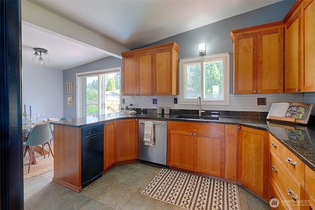 25718 16th Ave S, Des Moines, WA 98198 - kitchen with dishwasher, a sink, decorative backsplash, a peninsula, and brown cabinets