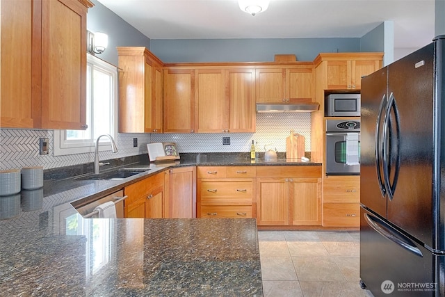25718 16th Ave S, Des Moines, WA 98198 - kitchen featuring black appliances, under cabinet range hood, a sink, and tasteful backsplash