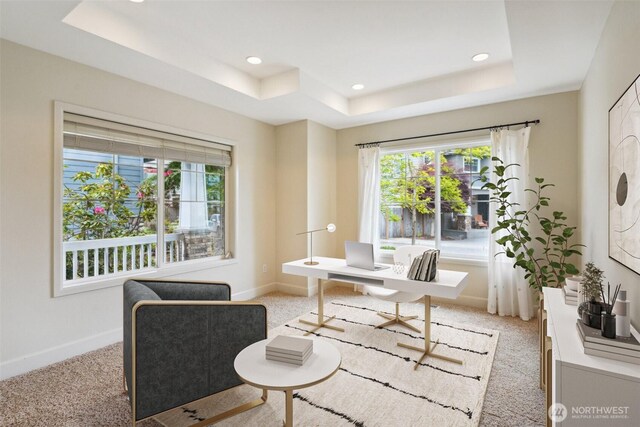 27309 SE 10th Ct, Sammamish, WA 98075 - home office featuring a tray ceiling, light carpet, plenty of natural light, and recessed lighting