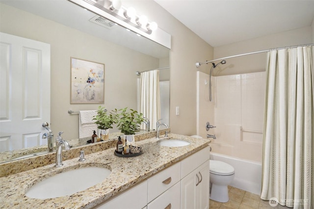 27309 SE 10th Ct, Sammamish, WA 98075 - bathroom featuring double vanity, toilet, shower / bathtub combination with curtain, and tile patterned floors
