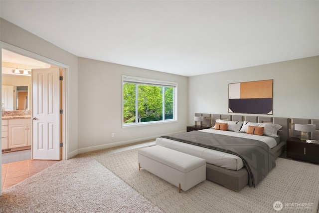27309 SE 10th Ct, Sammamish, WA 98075 - bedroom with light carpet, baseboards, ensuite bathroom, and light tile patterned flooring