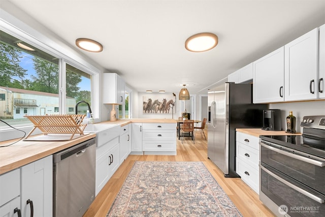1005 Johnson St, Sumas, WA 98295 - kitchen featuring appliances with stainless steel finishes, wooden counters, a sink, and light wood-style floors