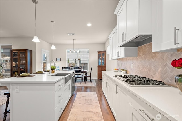 1009 NE 13th St, Battle Ground, WA 98604 - kitchen with stainless steel appliances, a sink, wood finished floors, backsplash, and light countertops