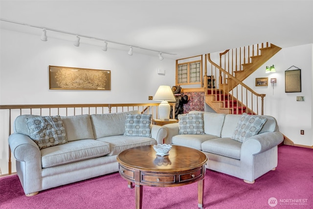303 N B St, Roslyn, WA 98941 - living area with rail lighting, carpet flooring, and stairs