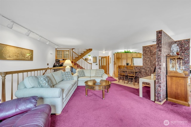303 N B St, Roslyn, WA 98941 - living room featuring rail lighting, stairs, and carpet flooring