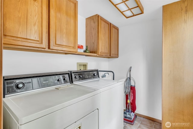 303 N B St, Roslyn, WA 98941 - laundry room featuring cabinet space, independent washer and dryer, light tile patterned floors, and baseboards
