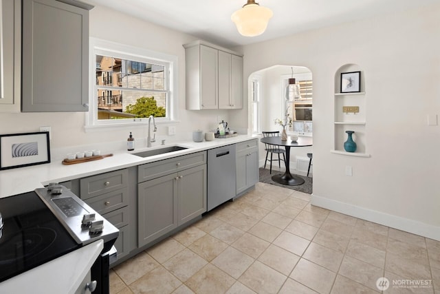 116 E Edgar St, Seattle, WA 98102 - kitchen featuring dishwasher, gray cabinets, a sink, range with electric cooktop, and light countertops