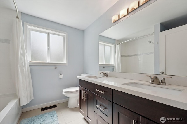 1012 9th Ave N, Edmonds, WA 98020 - bathroom featuring double vanity, toilet, baseboards, shower / bath combination with curtain, and tile patterned floors