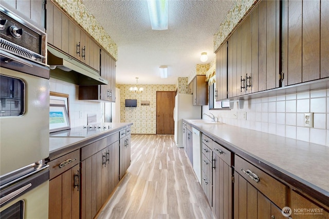 1220 Valley Vista Ave, Walla Walla, WA 99362 - kitchen with light wood finished floors, black electric stovetop, a sink, under cabinet range hood, and a textured ceiling