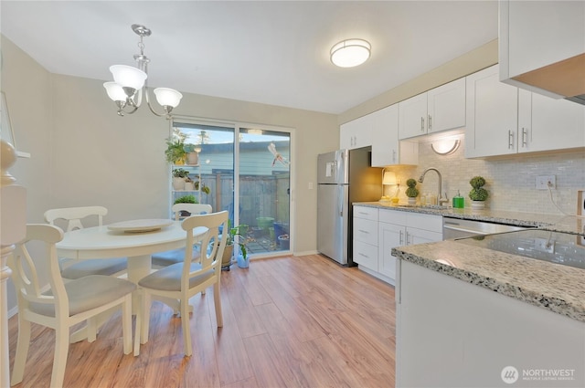 20620 76th Ave W Unit A, Edmonds, WA 98026 - kitchen featuring a sink, freestanding refrigerator, light wood-type flooring, tasteful backsplash, and white cabinetry