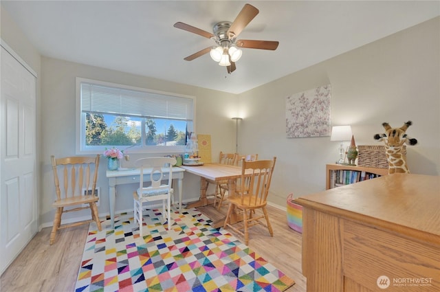 20620 76th Ave W Unit A, Edmonds, WA 98026 - dining space featuring light wood finished floors, a ceiling fan, and baseboards