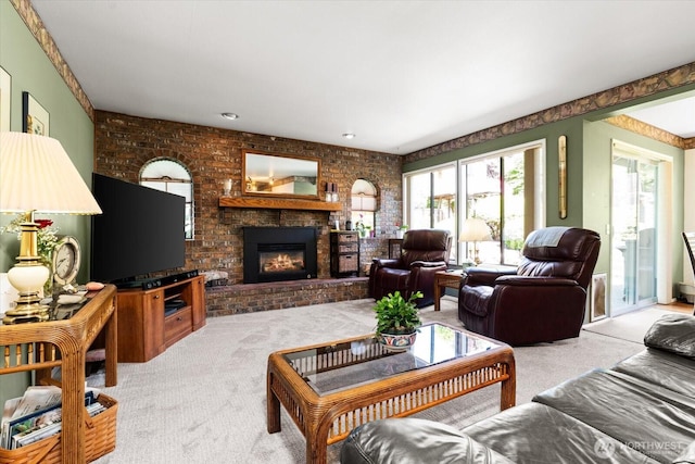 16605 71st Pl W, Lynnwood, WA 98037 - living room with carpet floors, a brick fireplace, and brick wall
