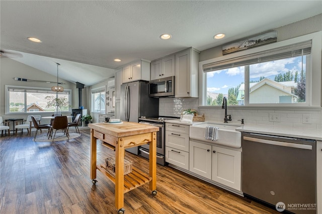 421 Lakeview Dr, Orondo, WA 98843 - kitchen featuring stainless steel appliances, a sink, tasteful backsplash, light countertops, and plenty of natural light