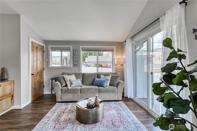 421 Lakeview Dr, Orondo, WA 98843 - living area featuring lofted ceiling, healthy amount of natural light, dark wood finished floors, and baseboards