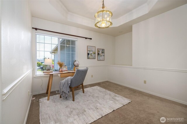 3901 Sterling Pl, Anacortes, WA 98221 - home office with carpet floors, a chandelier, crown molding, and baseboards