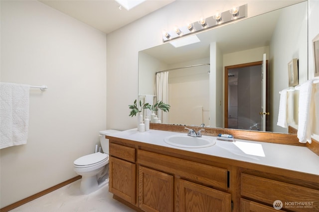 3901 Sterling Pl, Anacortes, WA 98221 - bathroom with toilet, vanity, curtained shower, and baseboards